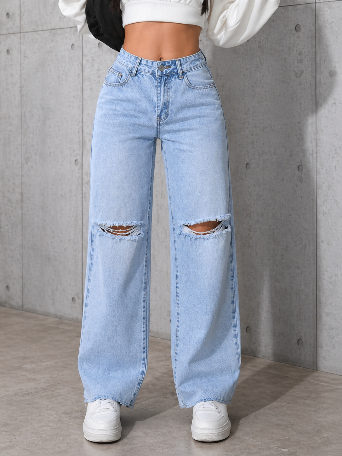 Distressed Straight Leg Jeans High Waist Relaxed Fit Effortless Street Style All Season Women