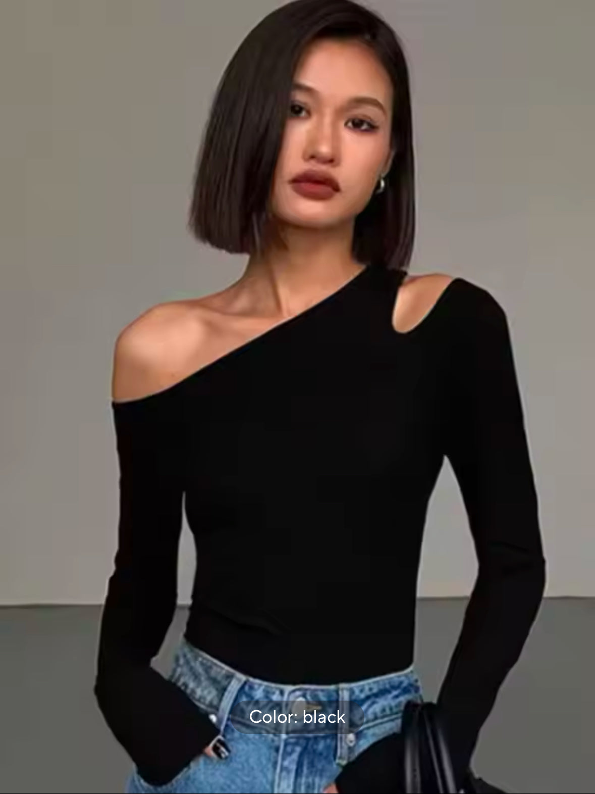 Women’s Long-Sleeve Skew Collar Off-Shoulder Crop Top – Sexy Slim Fit Hollow Out Tee for Spring 2025
