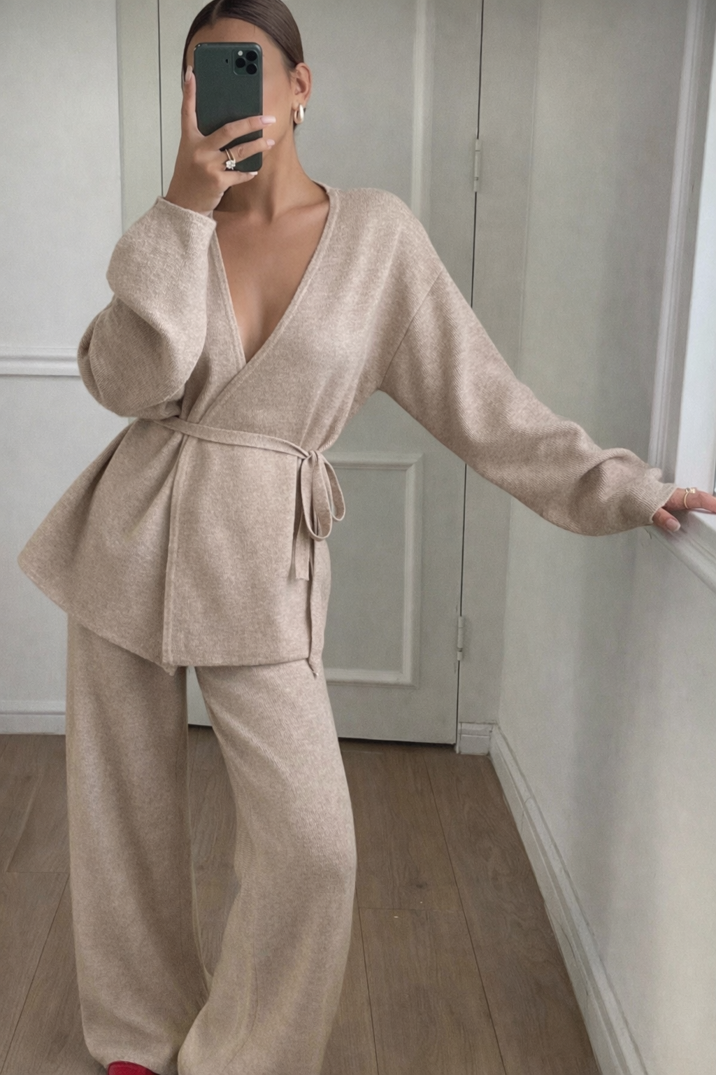 Women’s V-Neck Belted Knit Two-Piece Set – Elegant Autumn Casual Outfit - UltraChic