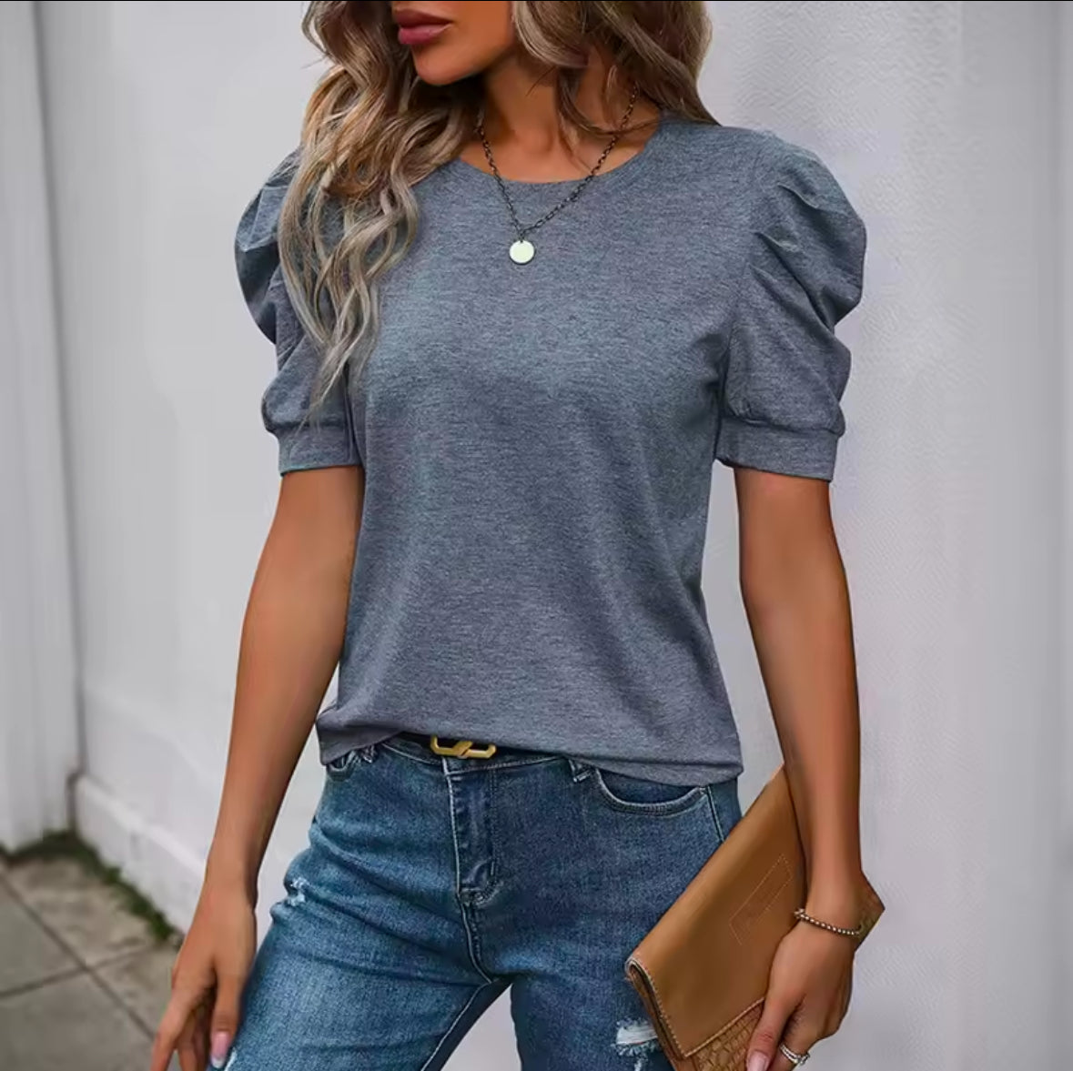 INAWLY Women’s Solid Color Crew Neck Gigot Sleeve T-Shirt – Elegant & Stylish Casual Top
