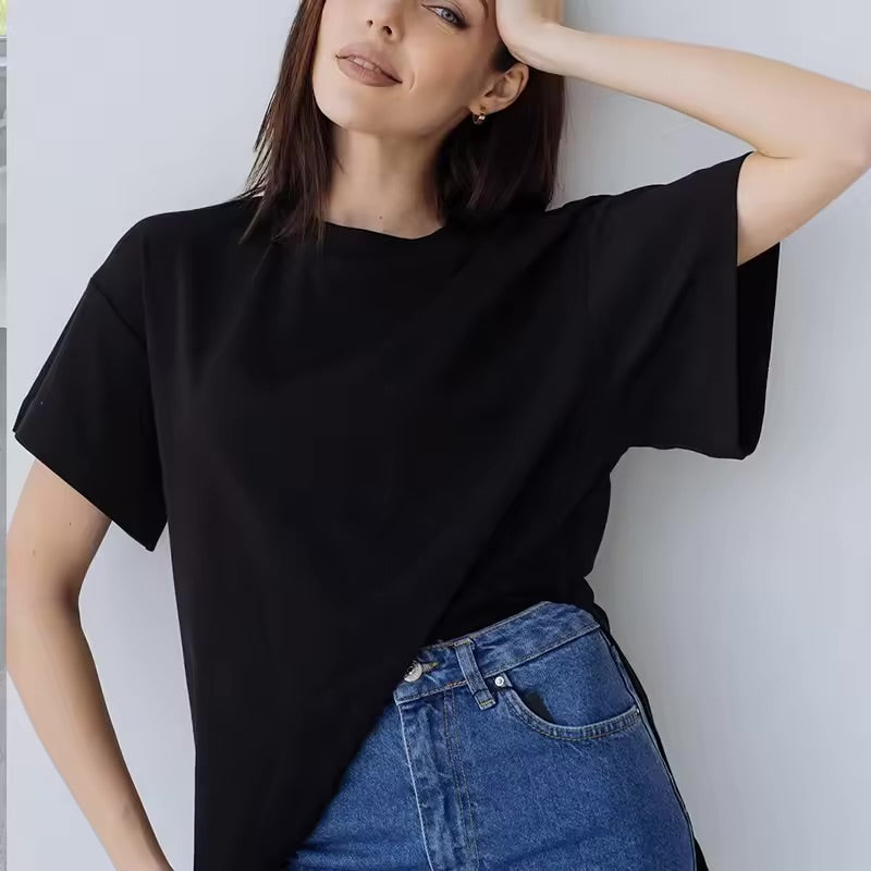The Essence of Effortless Cool – Drop Shoulder Oversized Longline Tee with a Bold Side Split