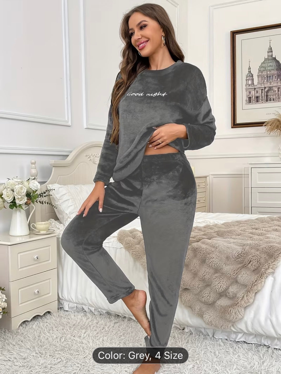 Women’s Autumn/Winter Flannel Coral Fleece Long Sleeve Pajama Set – Comfortable Warm Loungewear with Letter Embroidery, Casual Home Sleepwear Black - UltraChic