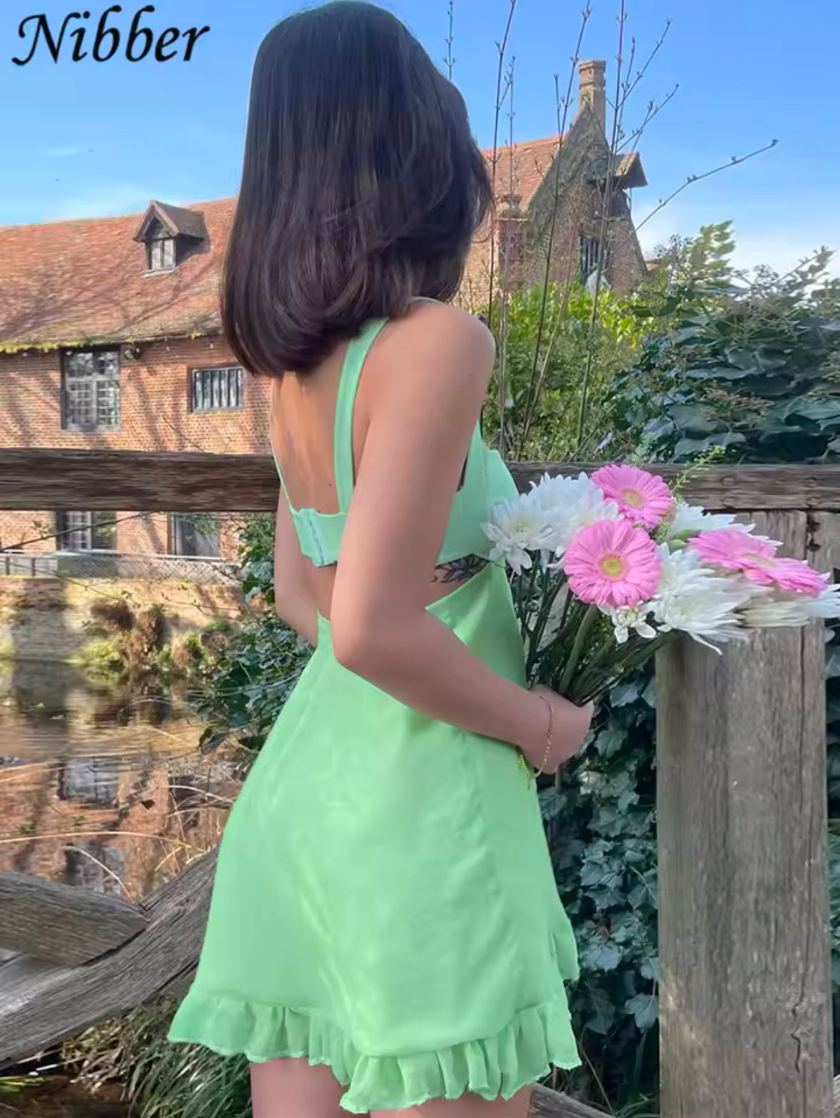 Nibber Elegant Slim Cutout Dress for Women – Sexy Backless Ruffle Sling Dress in Solid Color 2025