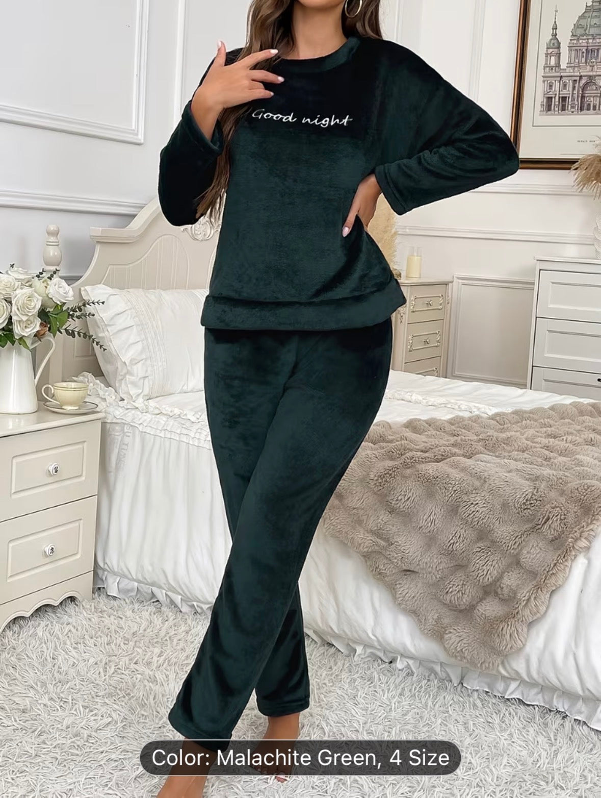 Women’s Autumn/Winter Flannel Coral Fleece Long Sleeve Pajama Set – Comfortable Warm Loungewear with Letter Embroidery, Casual Home Sleepwear Black - UltraChic
