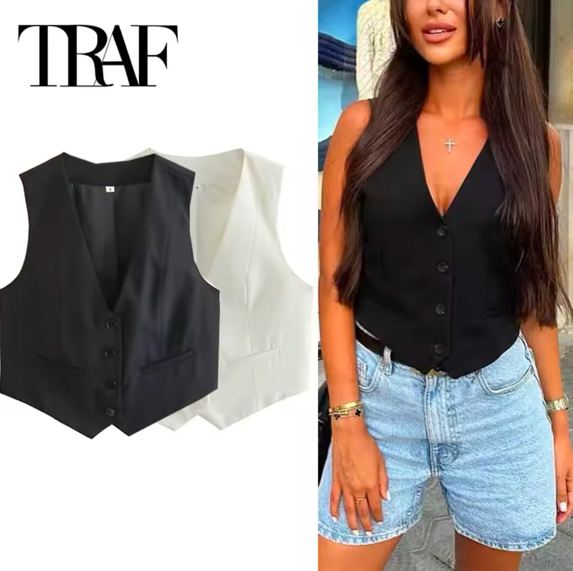 TRAF Women’s Stylish V-Neck Sleeveless Cropped Vest – Chic Summer Fashion for Work and Play