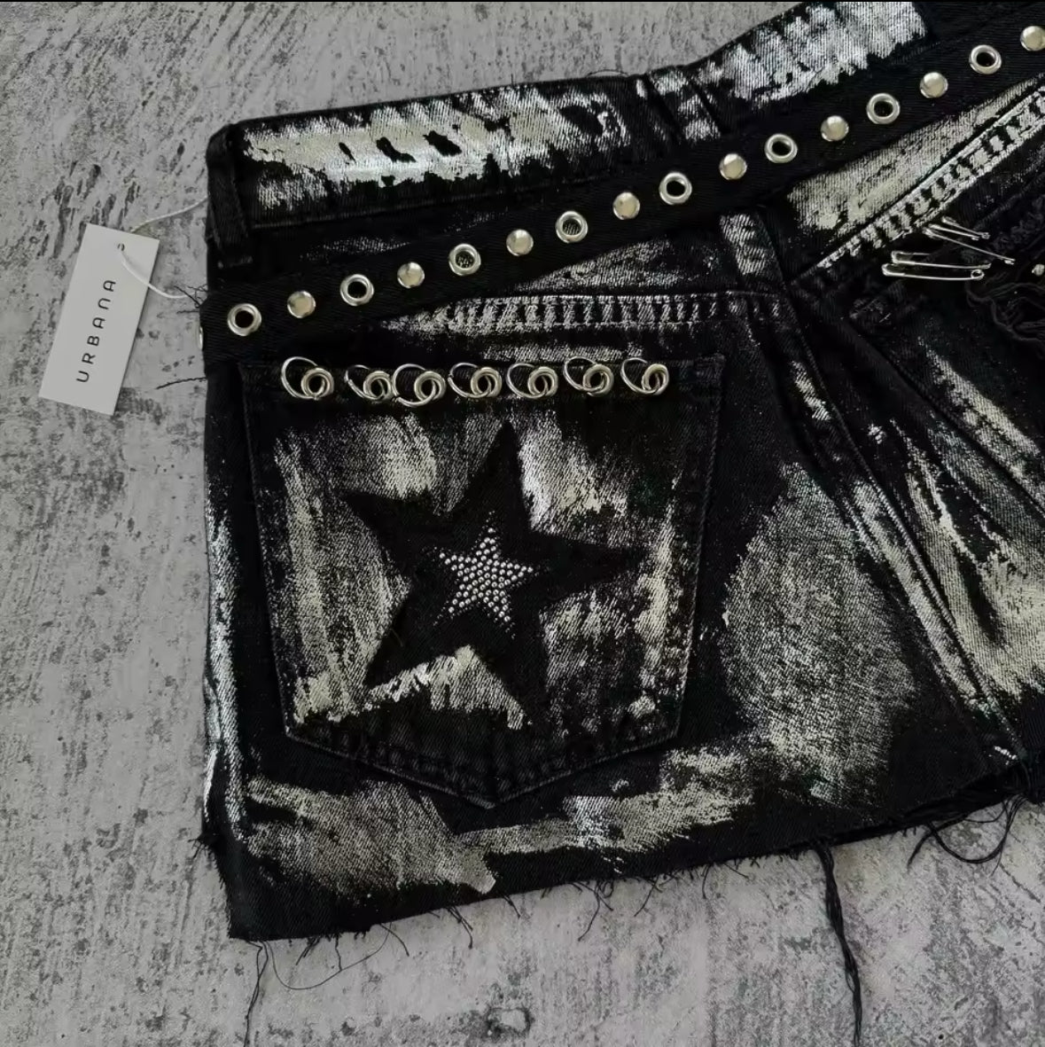 Shorts Women Y2K Skirt Harajuku Gothic Hip Hop Retro Washed Rhinestone Sequin Baggy Denim Short High Waist Slim Mini Short Skirt