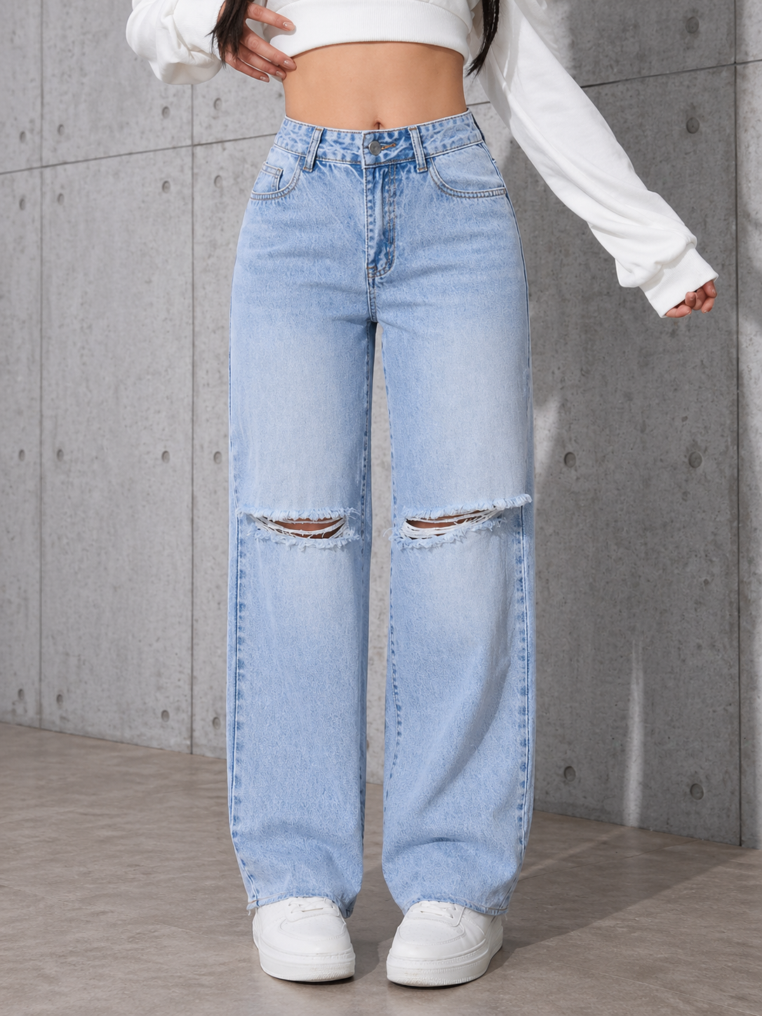 Distressed Straight Leg Jeans High Waist Relaxed Fit Effortless Street Style All Season Women