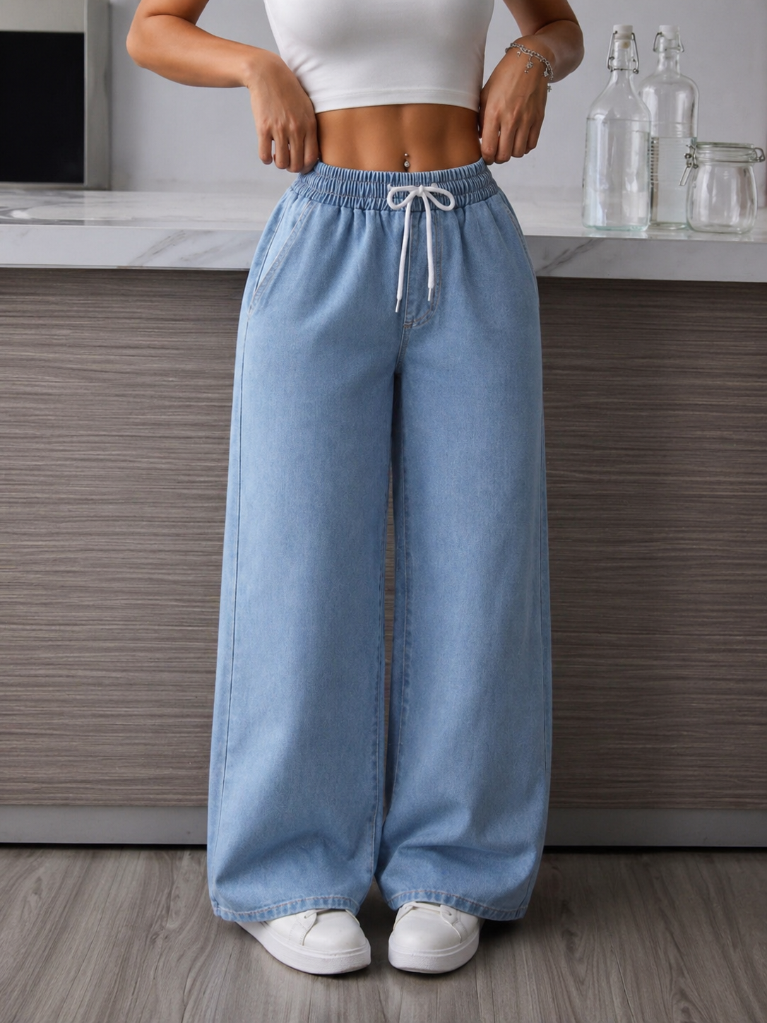 Drawstring Waist Denim Jeans High Comfort Relaxed Fit Effortless Casual Style All Season Women Petite