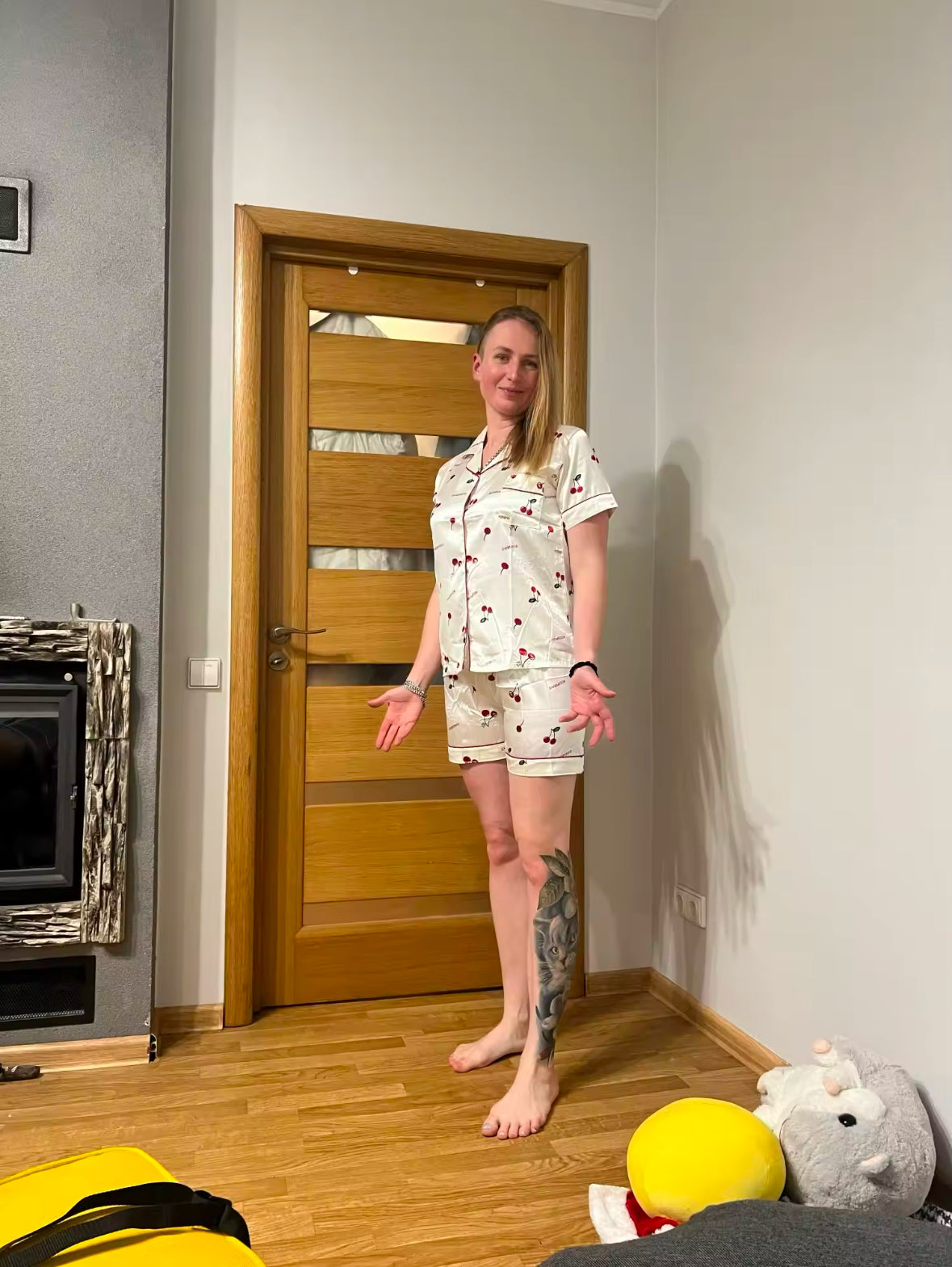 Cherry Print Summer Pajama Set for Women – 2-Piece Faux Satin Sleepwear with Casual Shorts & Top for Stylish Home Comfort
