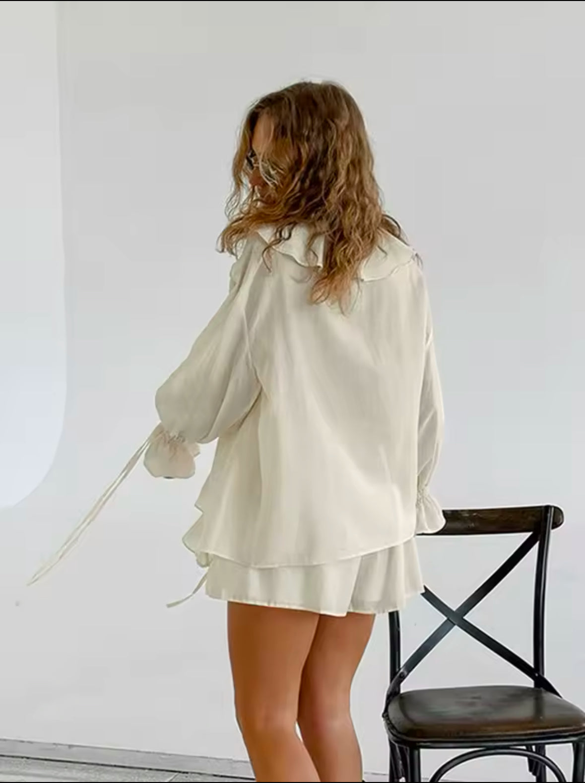 Casual Ruffles Shorts Suit for Women – V Neck See-Through Hollow Out Set with Lace-Up Detail | 2025 Spring Fashion for Ladies