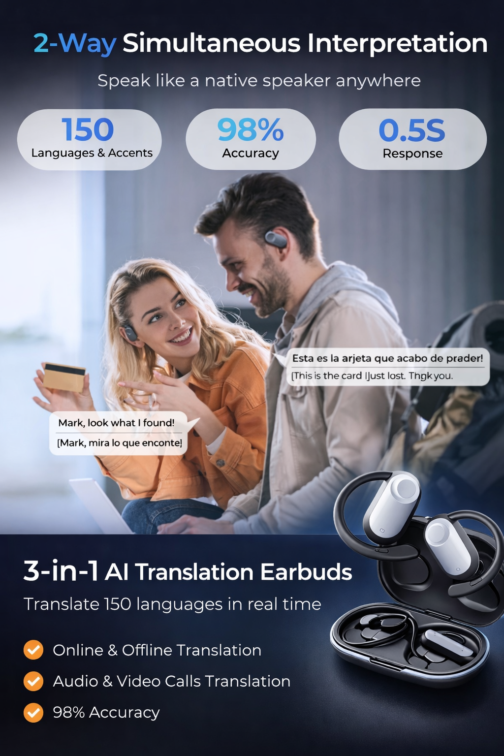 AI Translation Earbuds Real-Time 150 Languages – Smart Wireless Translator Headphones for Travel Business Communication