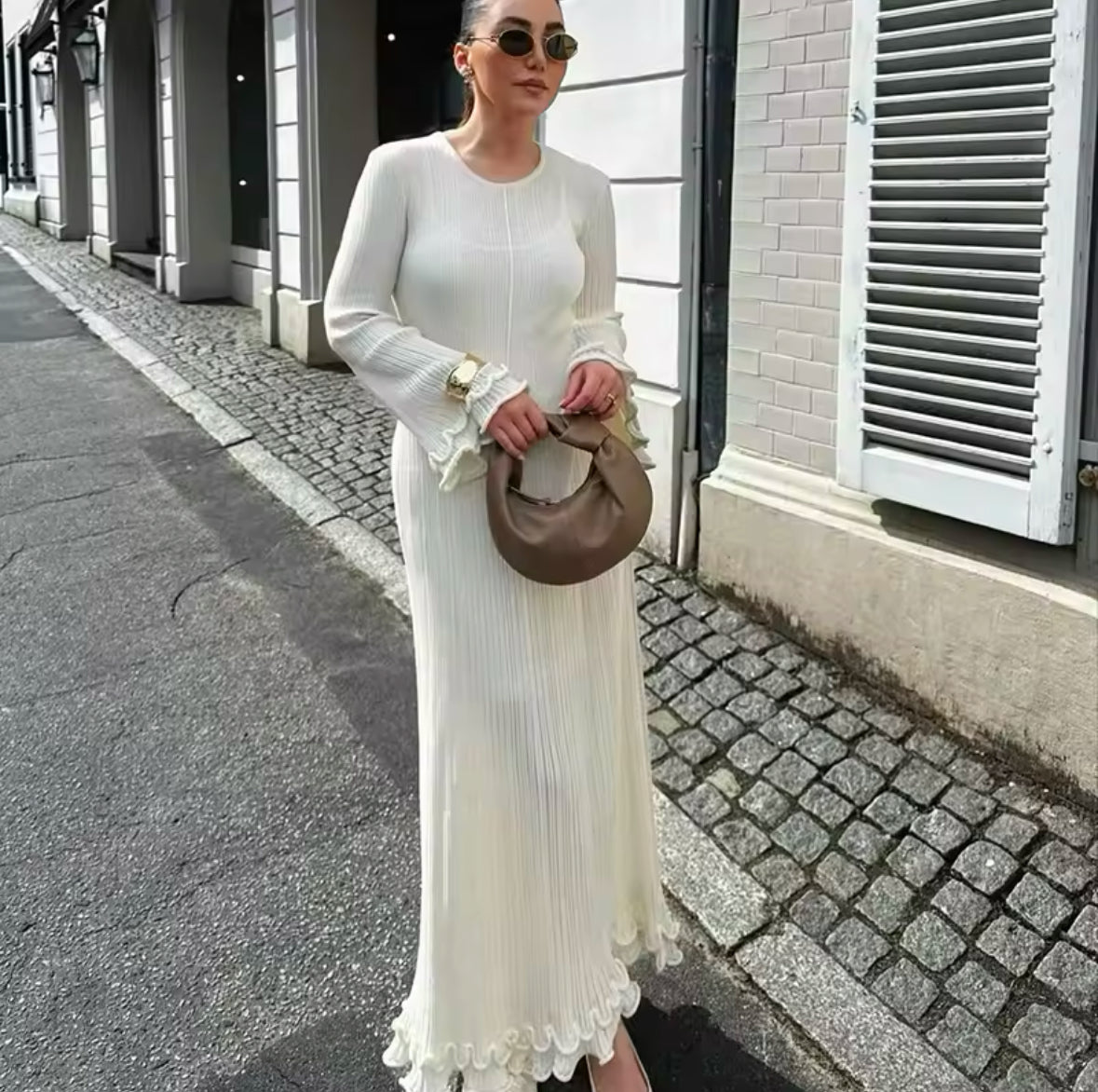 Ruffled Pleated Long Dress for Women – Elegant White Autumn & Winter Fashion, O-Neck Flare Party Dress, Perfect for Streetwear & Parties