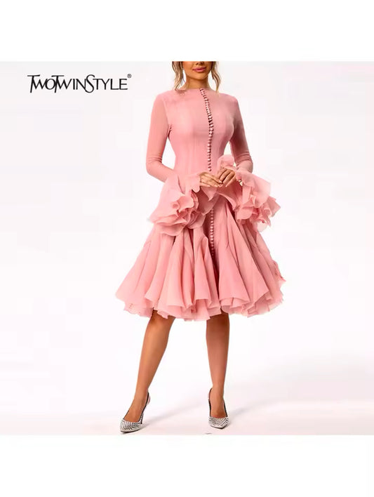 TWOTWINSTYLE Women’s Trendy Mini Dress – Irregular Pleated Patchwork with Lantern Sleeves & Waist Cinching – 2025 Fashion