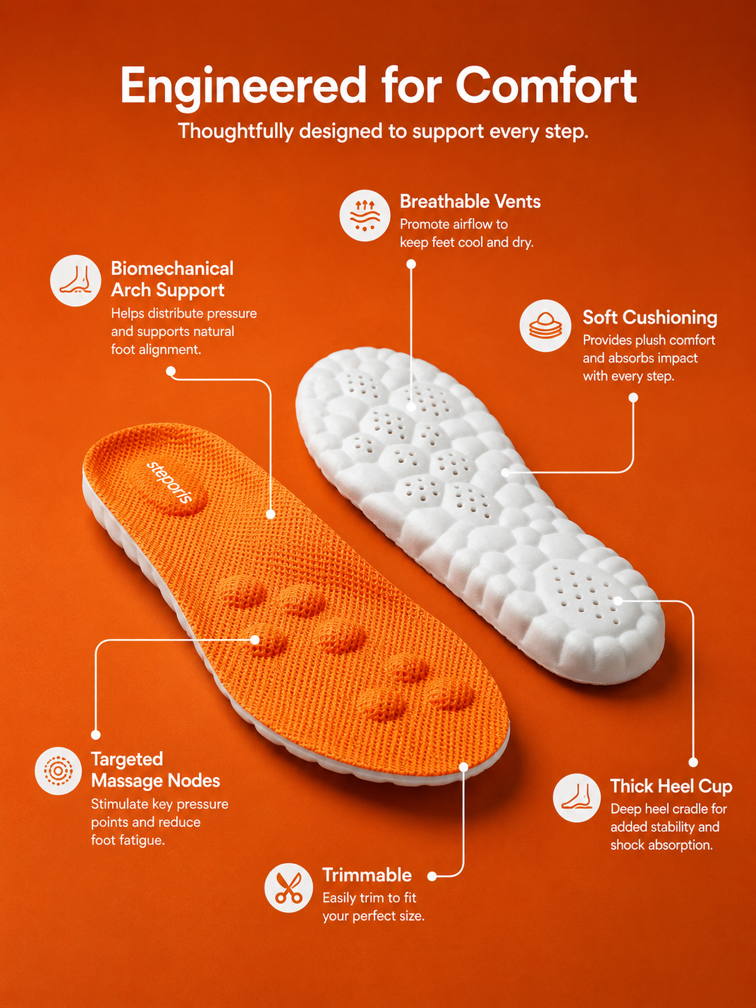 Stepprs™ Acupressure Massage Insoles – Arch Support & Foot Pain Relief Shoe Inserts for Plantar Fasciitis, All-Day Comfort & Shock Absorption