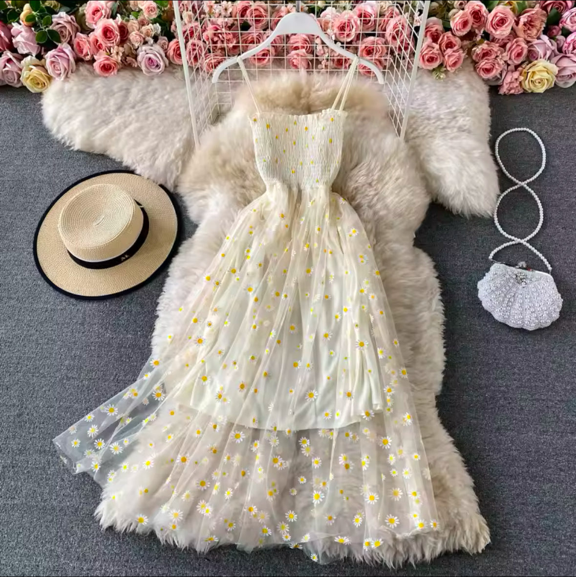 Floral Casual Dresses for Women – Sleeveless Spaghetti Strap Backless Mid-Length Dress, Free Size, Perfect for Summer, Black & Pink Skin Tone