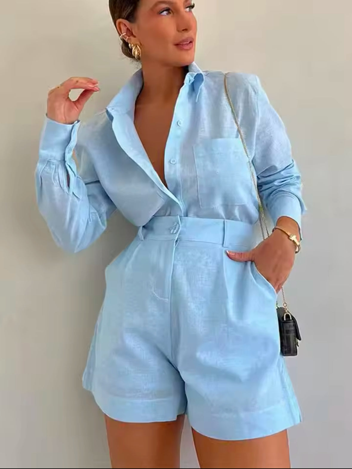 2025 Women’s Long Sleeve 2-Piece Set – Casual Button-Down Shirt & Pockets Shorts for Summer – Trendy & Comfortable Female Outfit