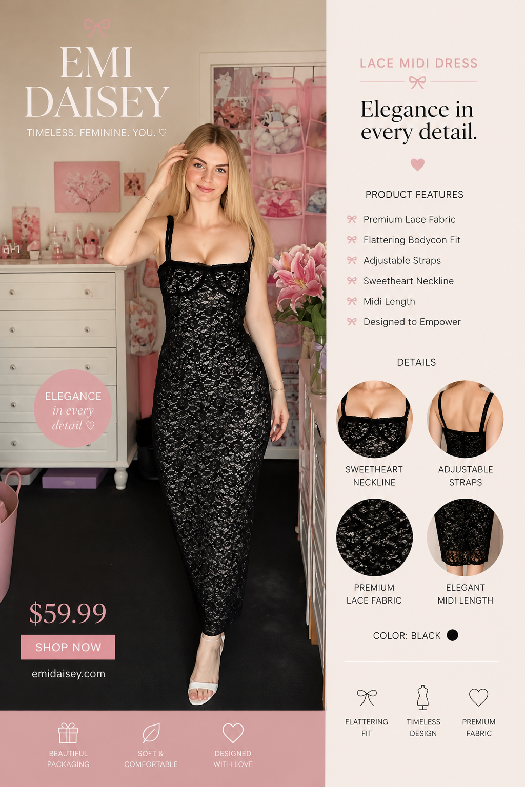 Lace Midi Dress Flattering Bodycon Fit Elegant Silhouette Summer Party Women - UltraChic