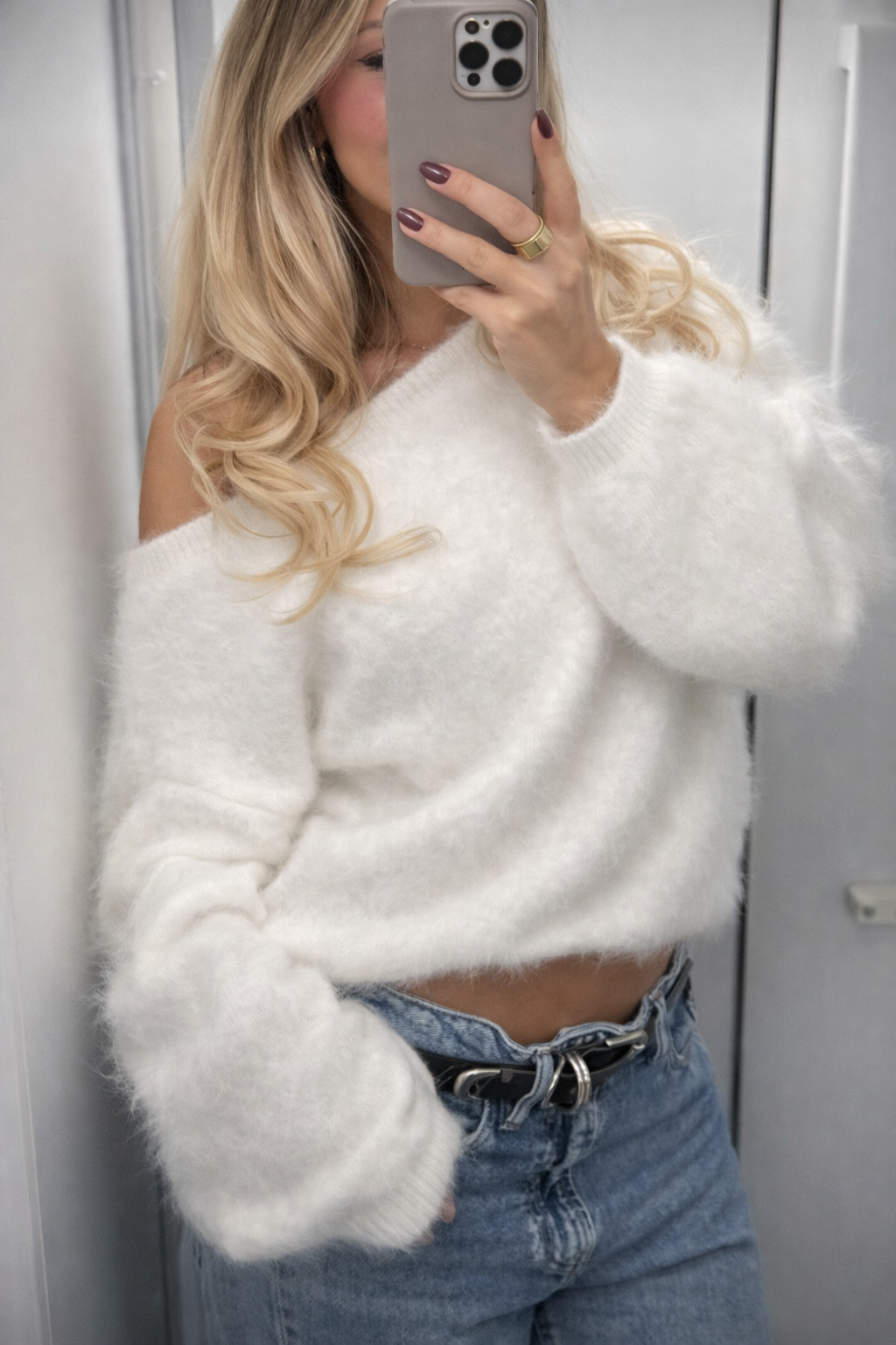 Women’s Fluffy Off-Shoulder Knit Sweater – Soft Oversized Winter Pullover - UltraChic
