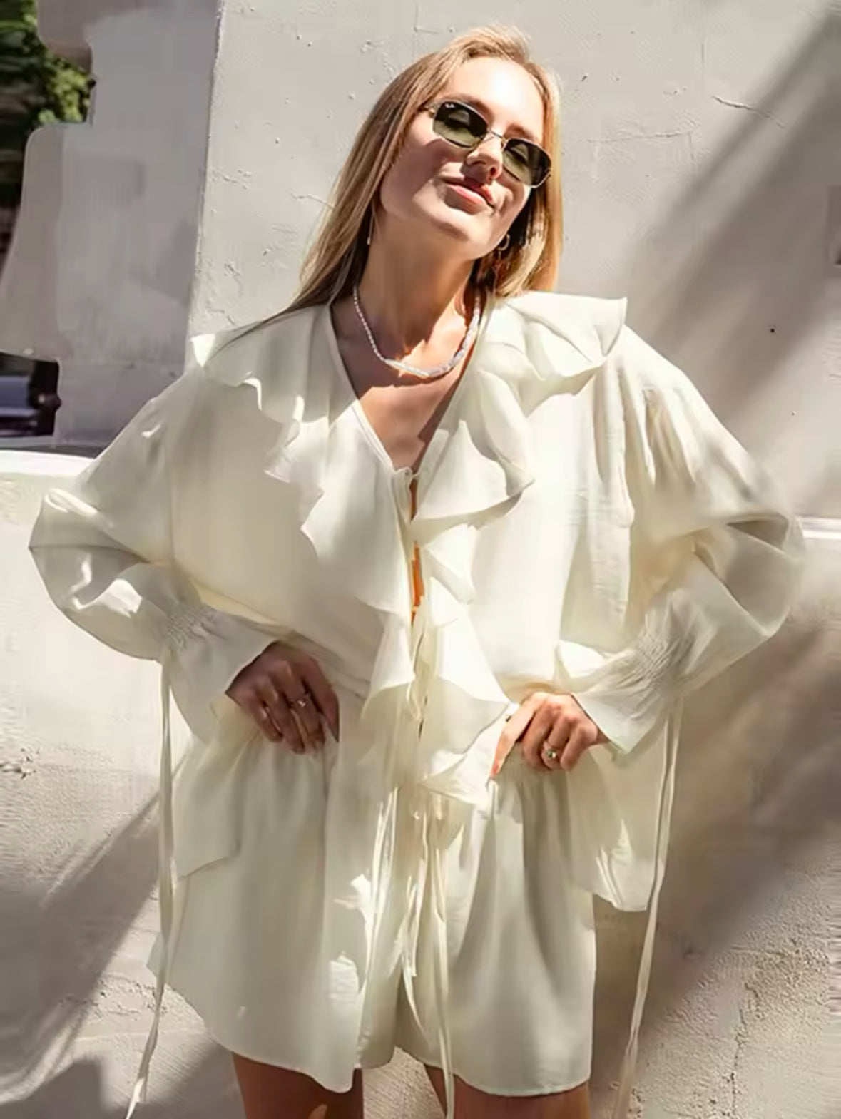 Casual Ruffles Shorts Suit for Women – V Neck See-Through Hollow Out Set with Lace-Up Detail | 2025 Spring Fashion for Ladies