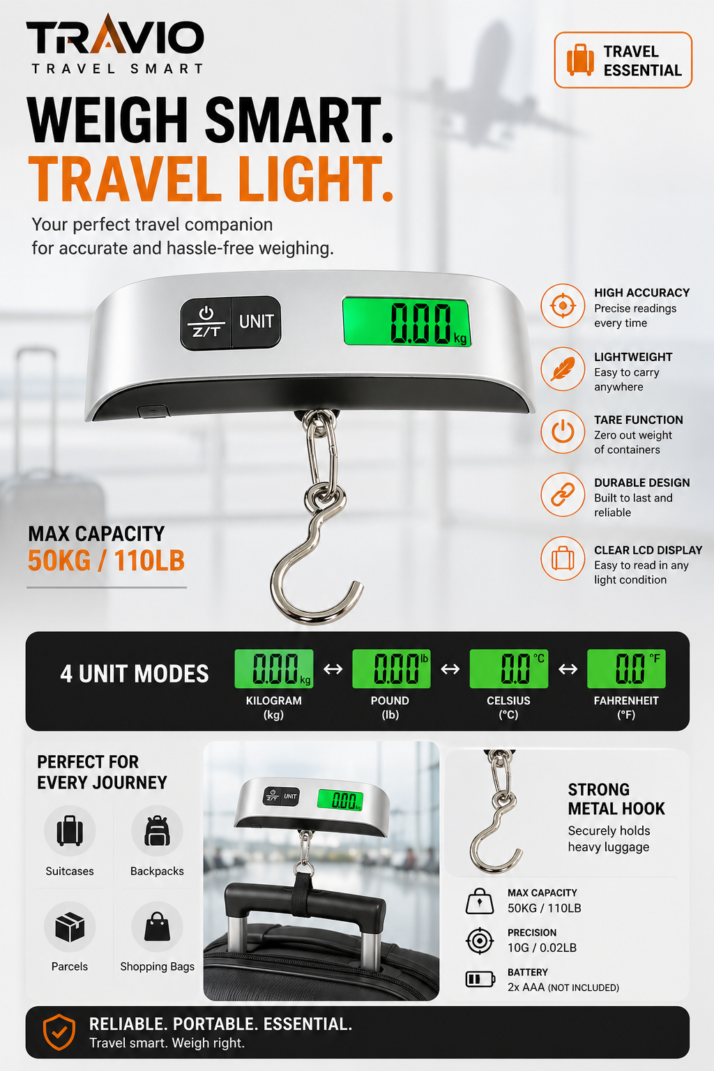 Digital Luggage Scale High Accuracy Portable Design Stress-Free Travel All Season Unisex - UltraChic