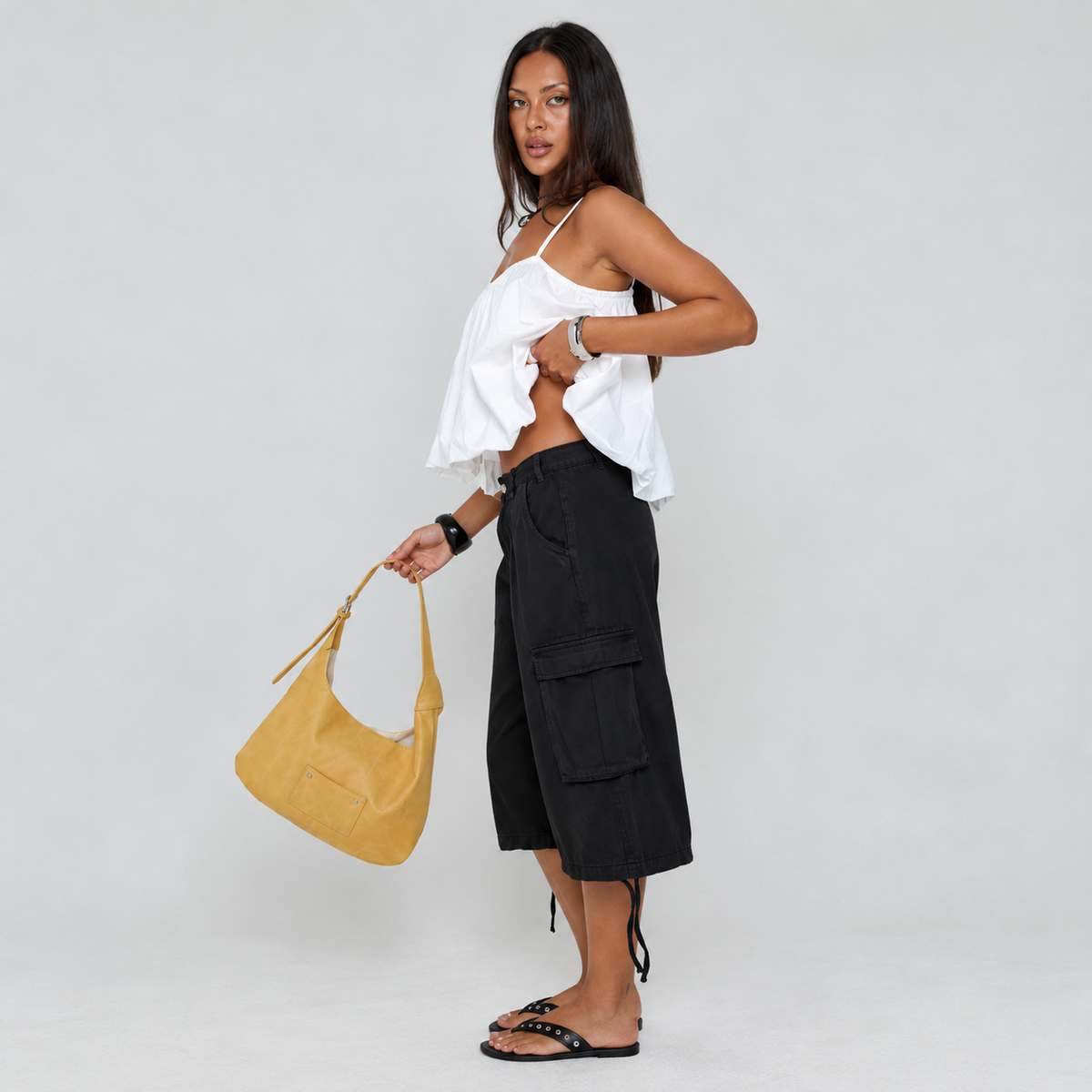 Women’s Black Longline Cargo Shorts – Baggy Fit Cotton Bermuda Shorts - UltraChic