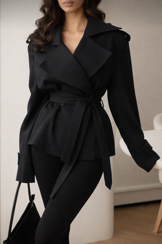 Women’s Navy Blue Lace-Up Windbreaker | Waterfall Collar Long Sleeve Jacket