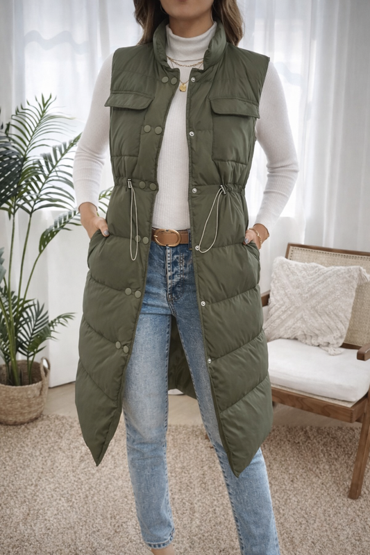 Women’s Utility Sleeveless Jacket with Pockets & Drawstring Waist – Casual Winter Layering Vest