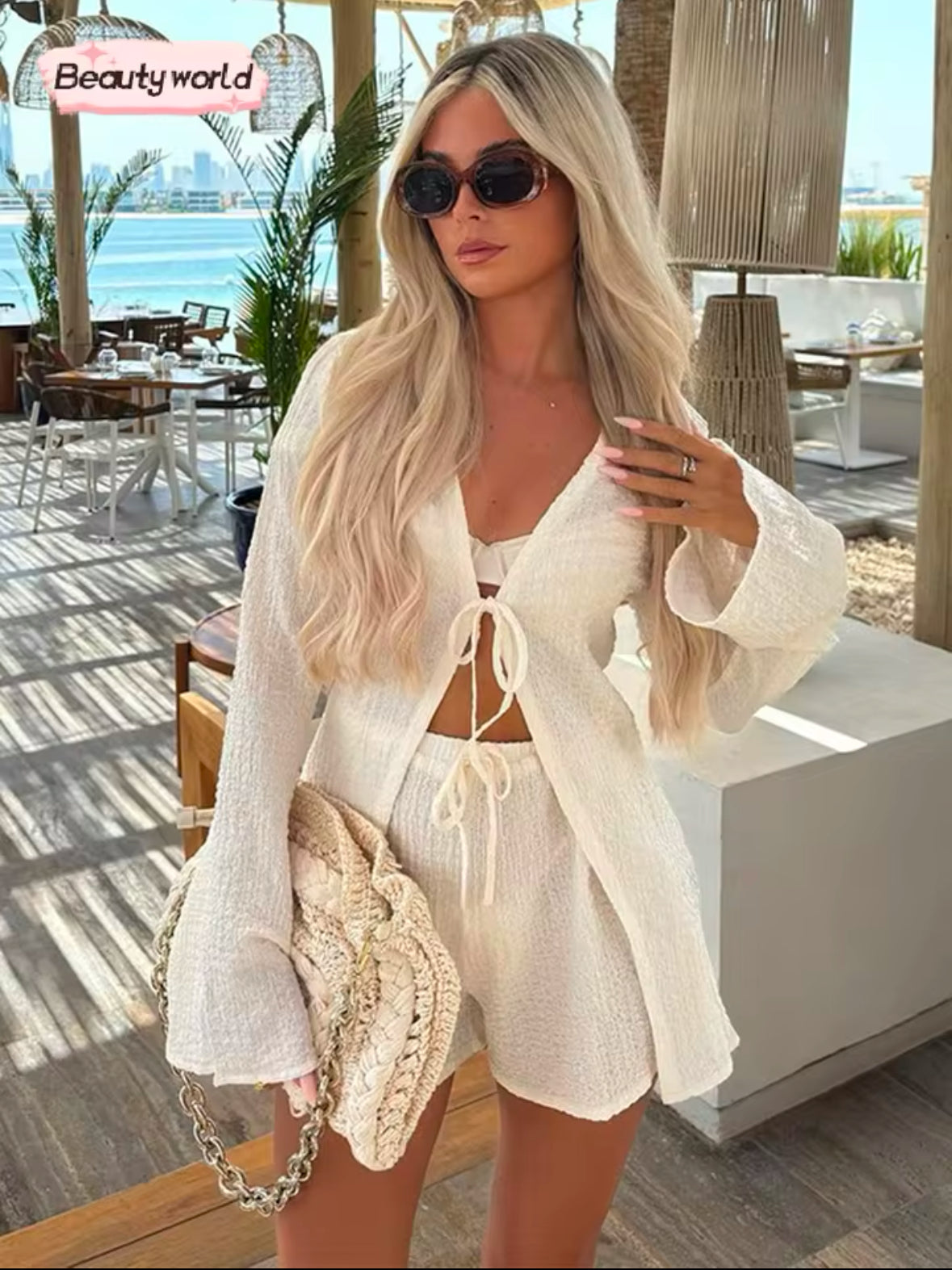 Chic Women’s 2-Piece Lace-Up Set – Flare Sleeve Shirt & Shorts | Trendy 2025 Vacation & Beach Outfit