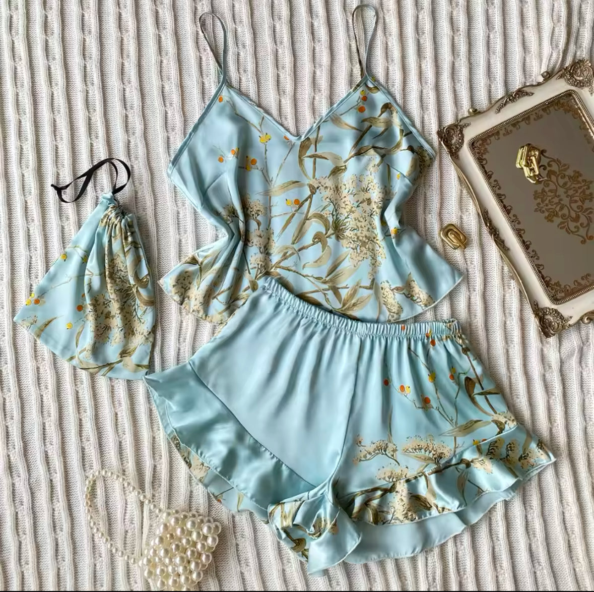 Elegant Floral Cami Pajama Set for Women – Ruffle Hem Shorts & Stylish Sleepwear for Comfortable Loungewear