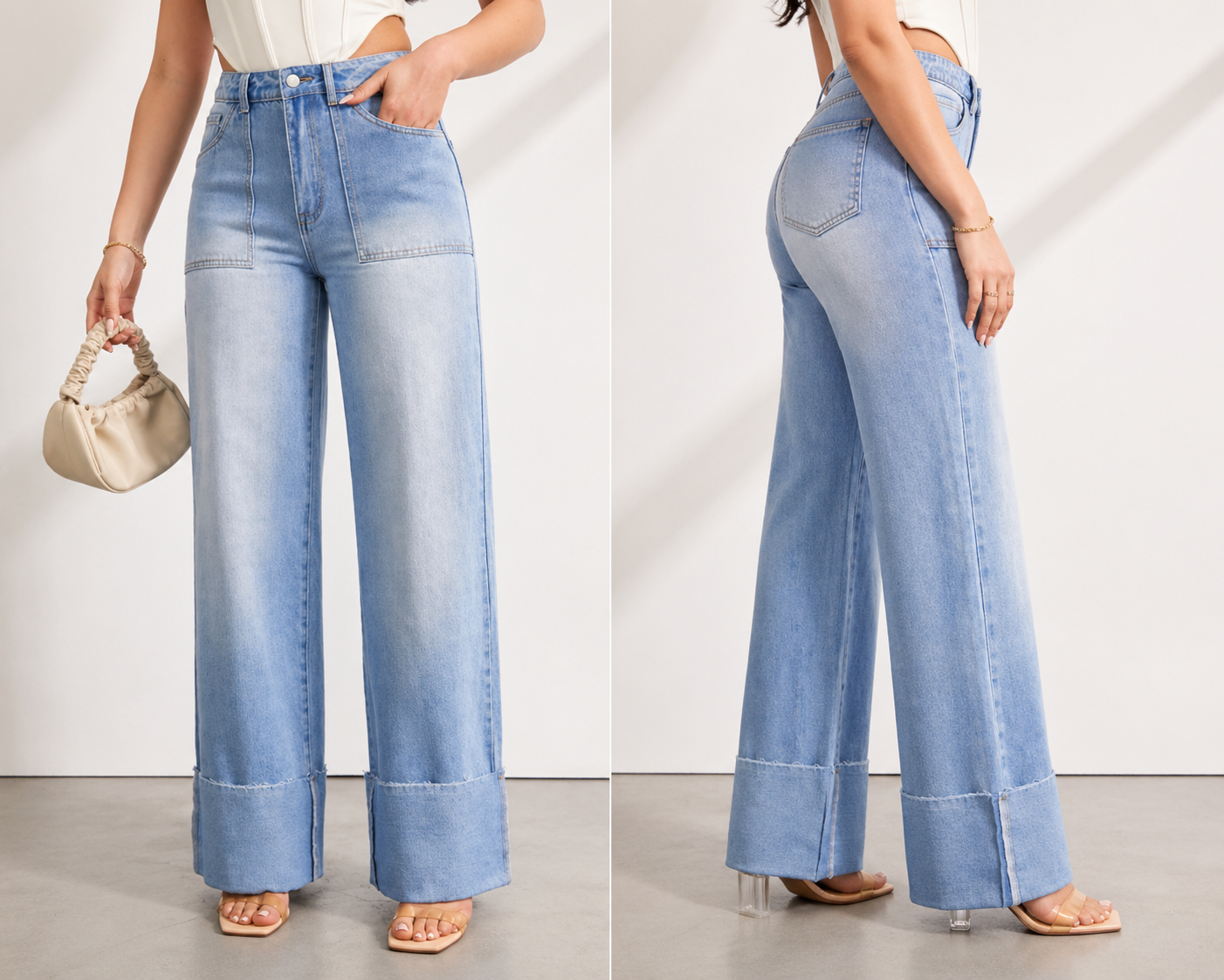 Wide Leg Denim Jeans High Waist Cuffed Hem Tall Fit Effortless Chic Summer Women