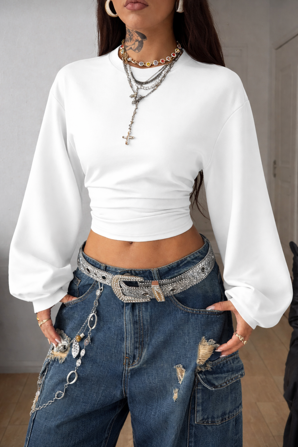 Women’s Asymmetrical Neck Pleated Sweatshirt – Cozy Fall Winter Casual Top