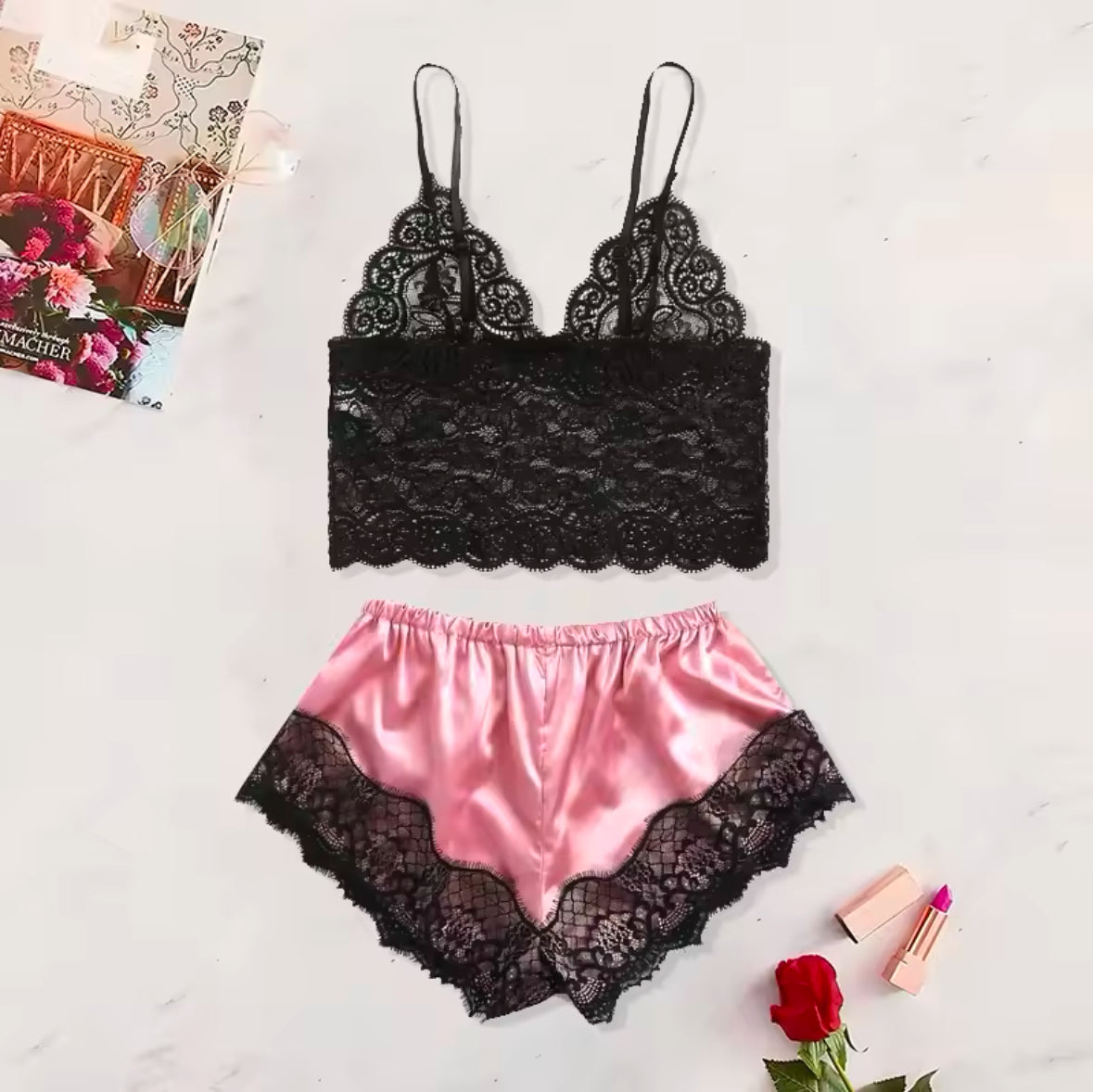 2025 Summer Lace Pajama Set for Women – Sexy See-Through Cami Top & Shorts, Breathable and Comfortable in Black or Pink
