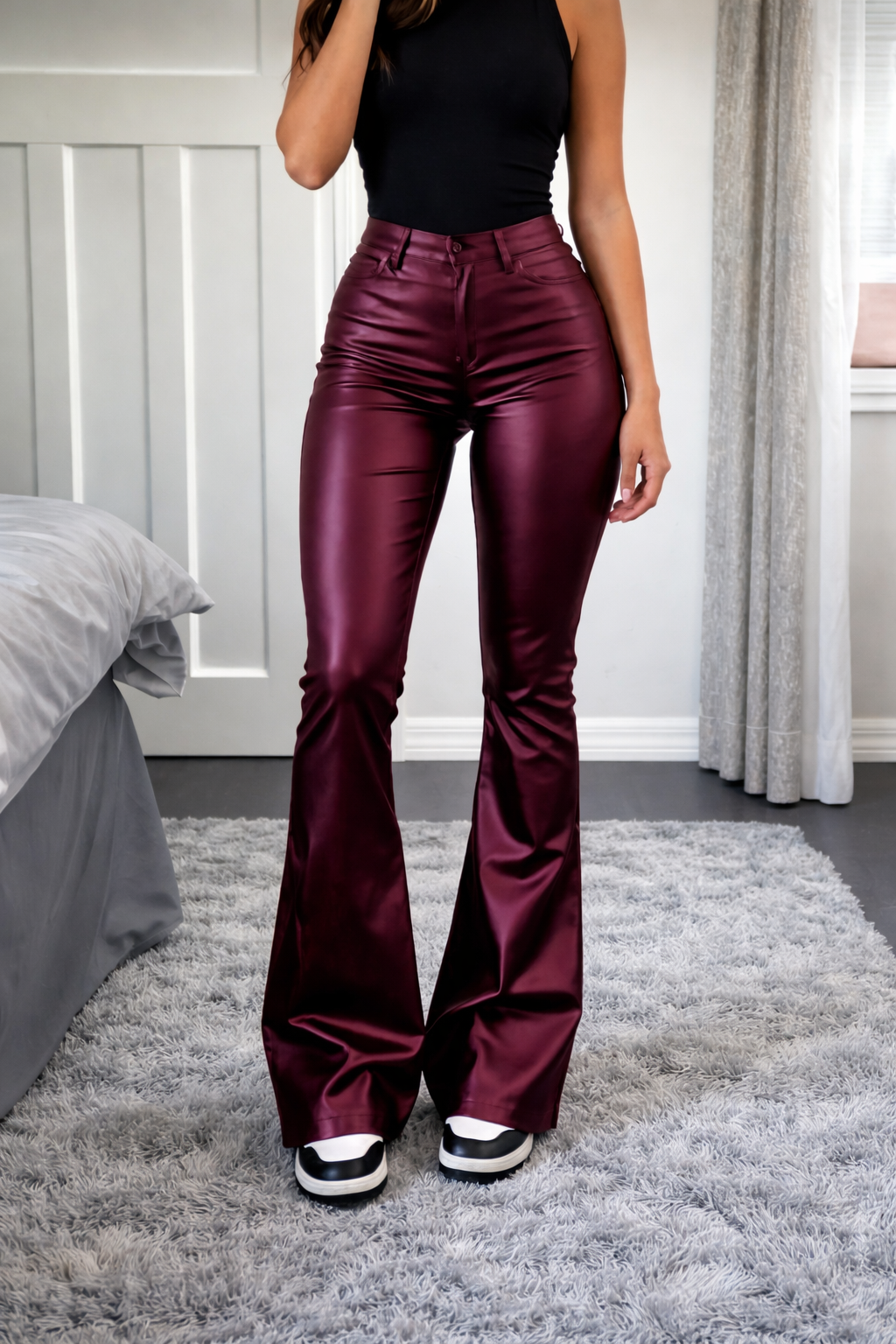 Women’s Faux Leather Flare Pants – High Waist Bootcut Party Trousers - UltraChic