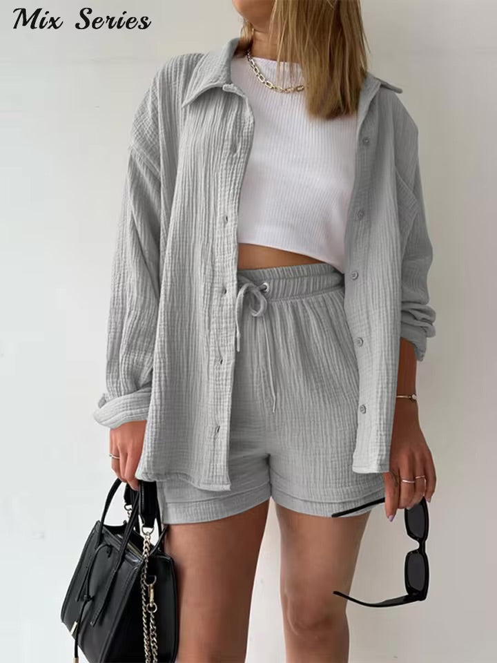 Effortless Elegance – Spring 2025 Pleated Blouse & Lace-Up Shorts Set for the Modern Muse