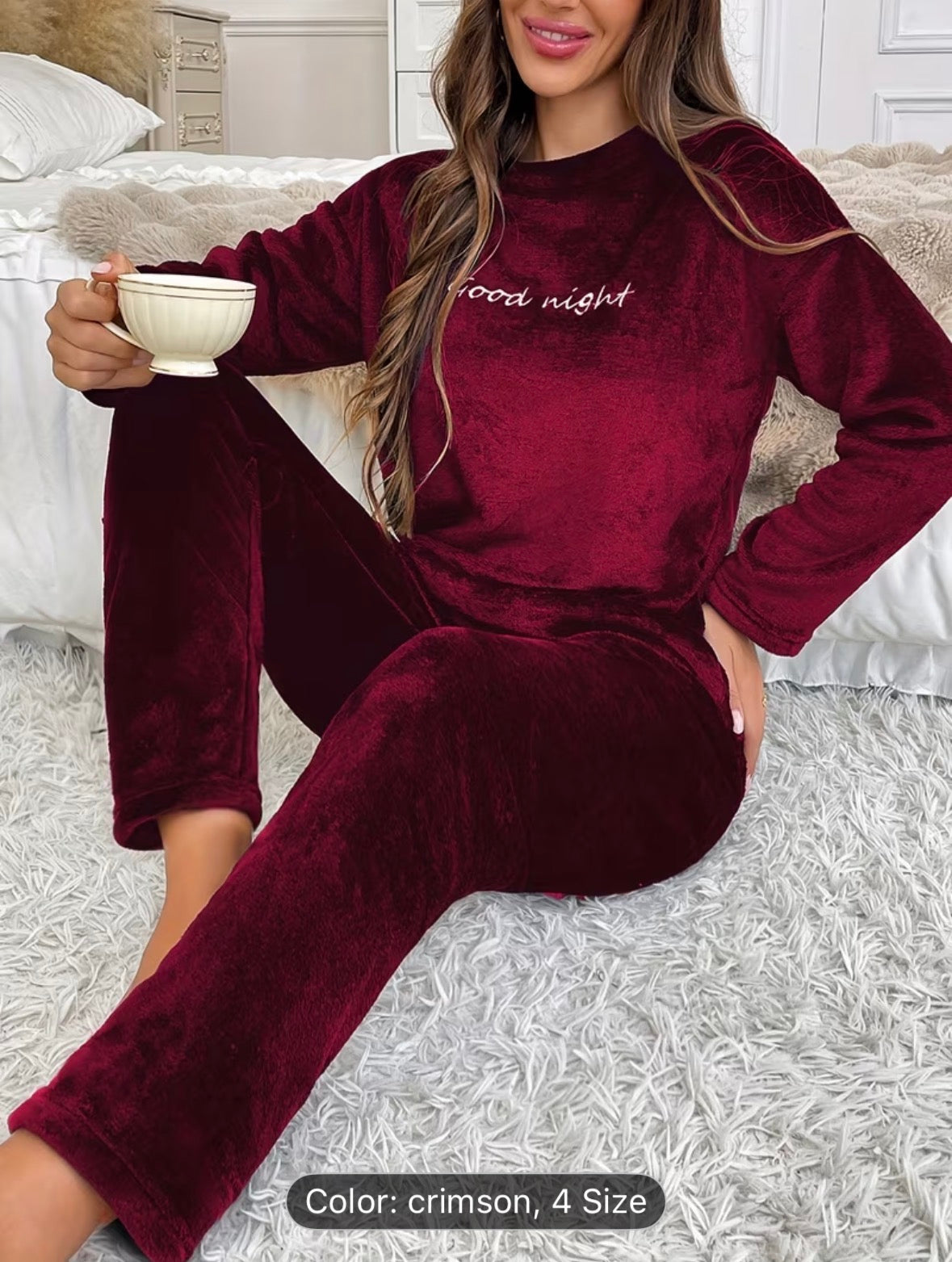 Women’s Autumn/Winter Flannel Coral Fleece Long Sleeve Pajama Set – Comfortable Warm Loungewear with Letter Embroidery, Casual Home Sleepwear Black - UltraChic