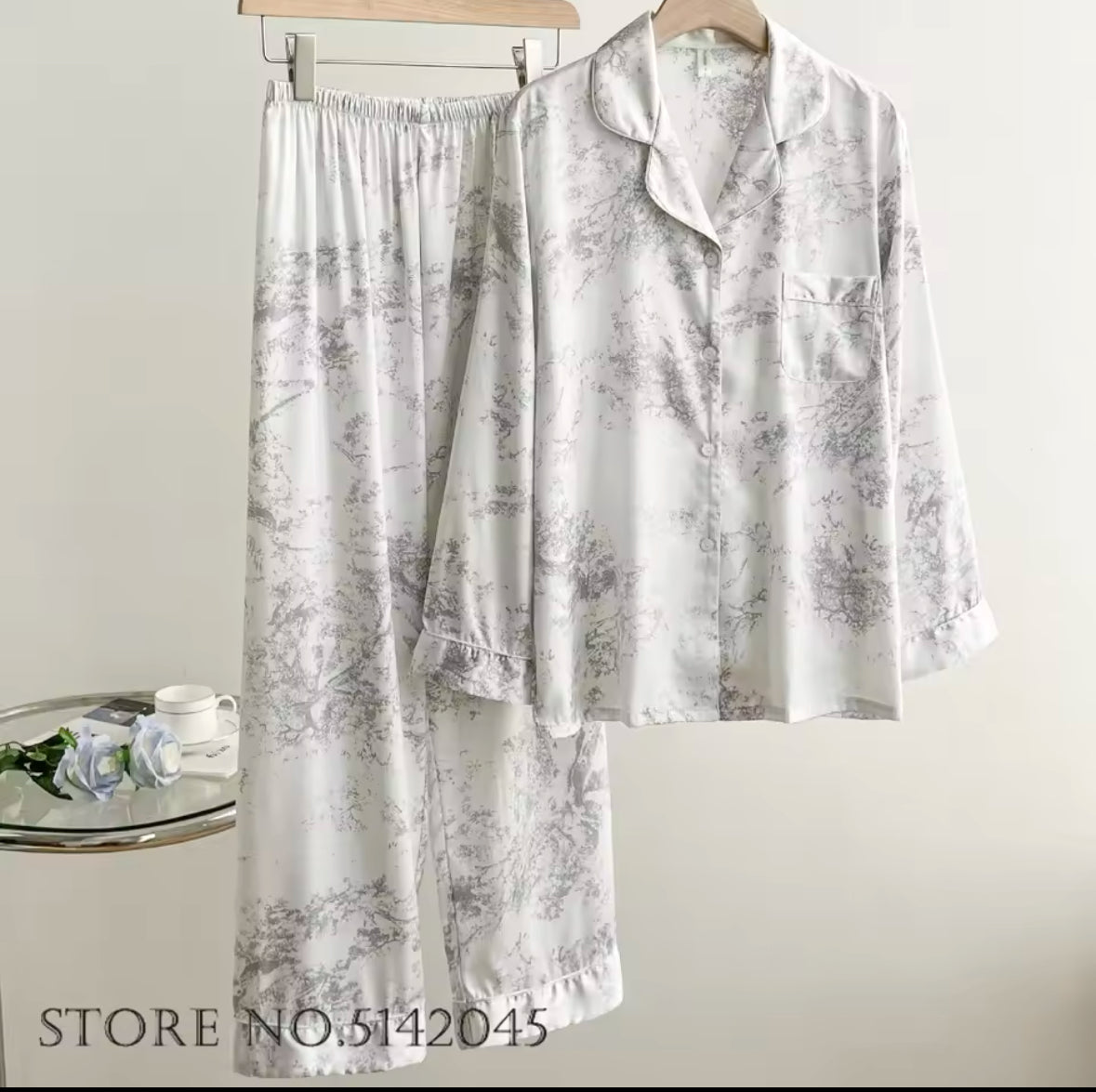 Fashionable Floral Print 2PCS Pajama Set for Women – Comfortable Satin Sleepwear, Spring & Summer Lounge Wear, Loose Fit Trouser Suit for Relaxing at Home