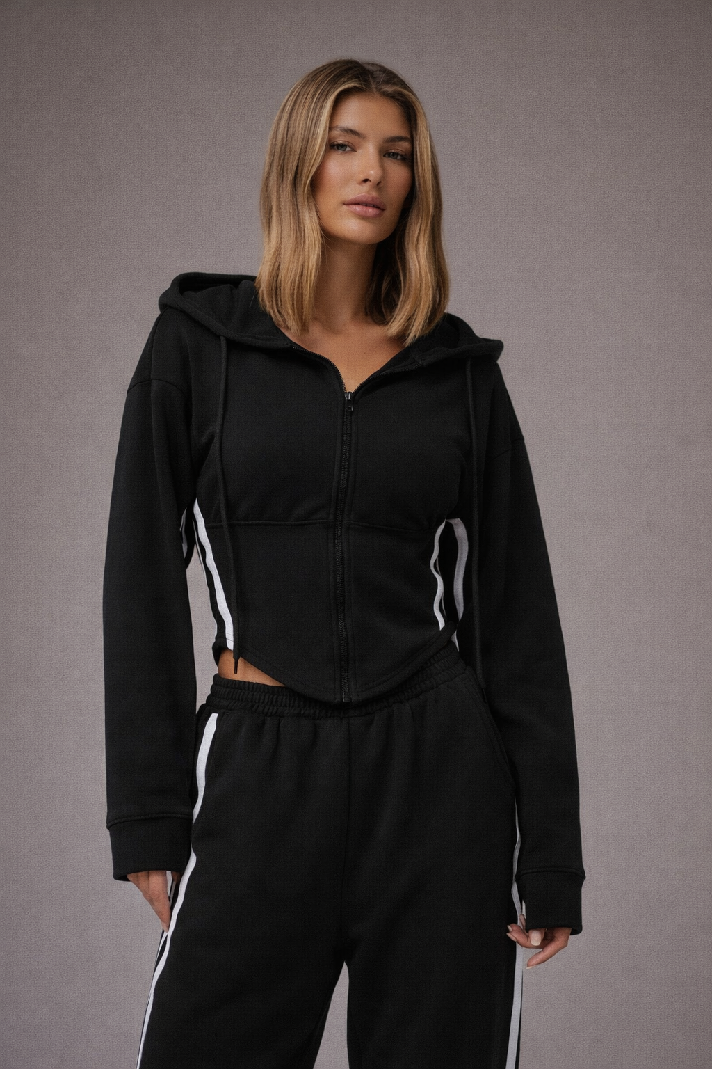 Women’s Cinched Waist Balloon Sleeve Hoodie – Contrast Piping Casual Winter Loungewear Sweatshirt - UltraChic
