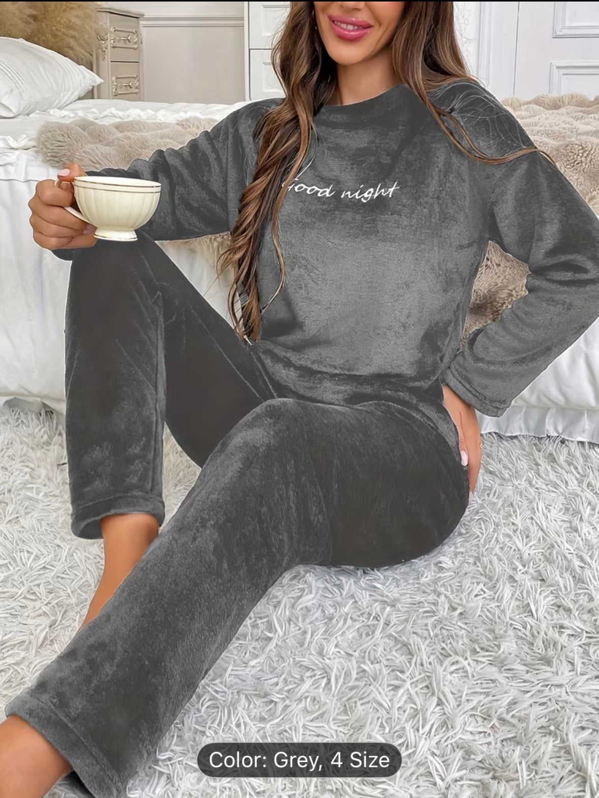 Women’s Autumn/Winter Flannel Coral Fleece Long Sleeve Pajama Set – Comfortable Warm Loungewear with Letter Embroidery, Casual Home Sleepwear Black - UltraChic