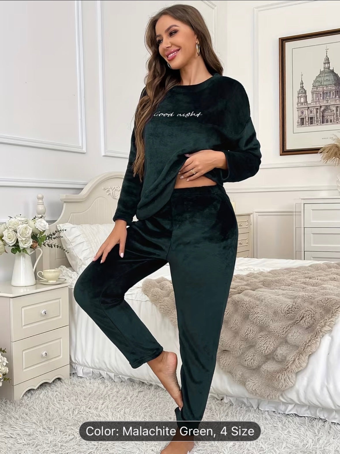 Women’s Autumn/Winter Flannel Coral Fleece Long Sleeve Pajama Set – Comfortable Warm Loungewear with Letter Embroidery, Casual Home Sleepwear Black - UltraChic