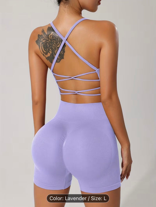 Women’s Seamless Sportswear Set – Cross-Back Breathable Summer Gym Outfit (Top & Shorts)