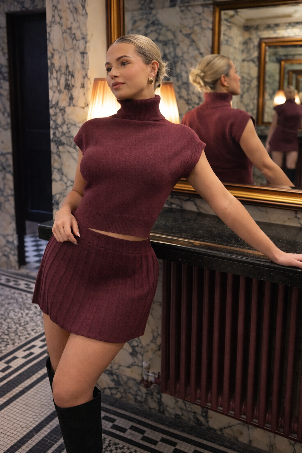 Women’s High Collar Knit Top & Midi Skirt Set – Elegant Fall Winter Two-Piece Outfit