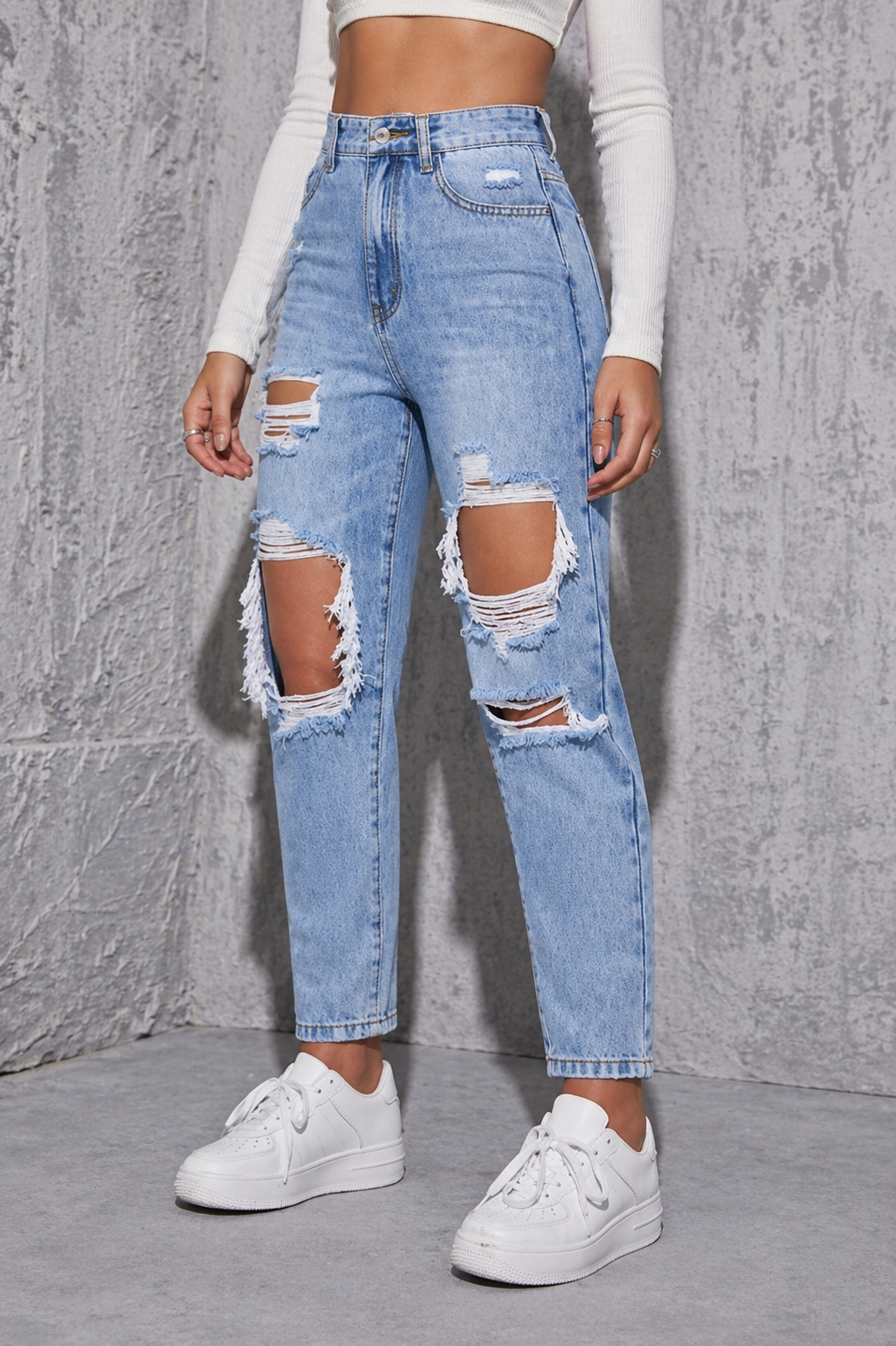 Ripped High Waist Straight Leg Jeans Slim Shape Effortless Style All Season Women