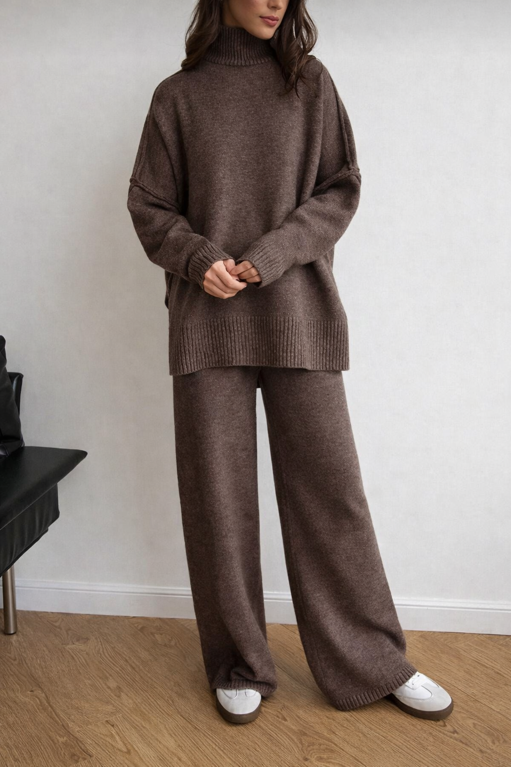 Women’s High Collar Knit Lounge Set – Cozy Autumn Winter Two Piece Outfit - UltraChic