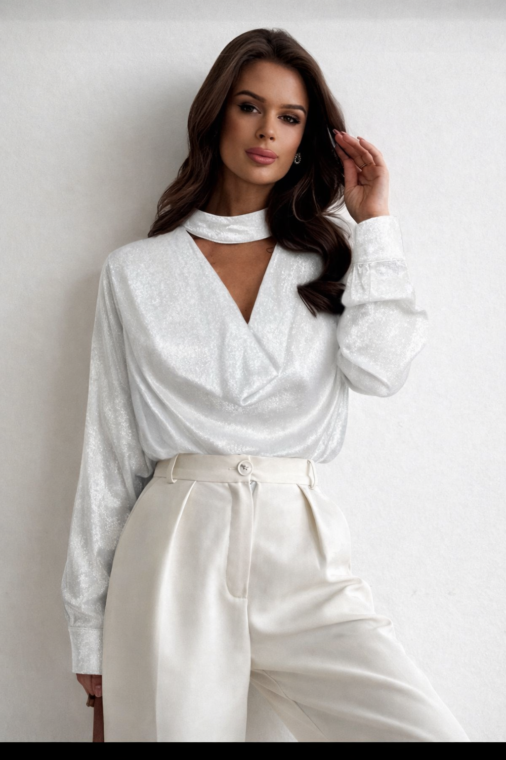 Women’s Draped Scarf Collar Poplin Shirt – Elegant Spring Summer Commuter Blouse - UltraChic