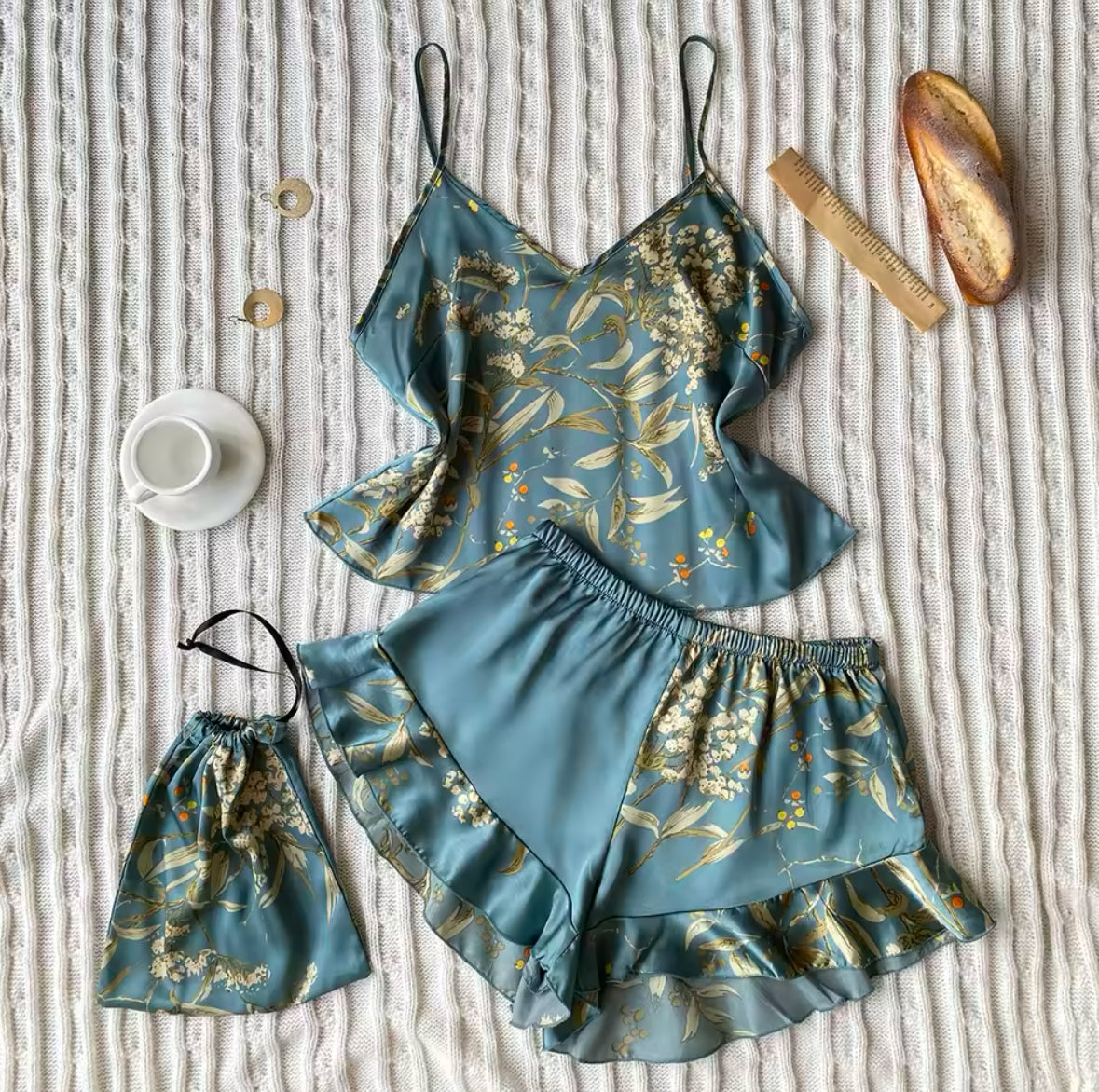 Elegant Floral Cami Pajama Set for Women – Ruffle Hem Shorts & Stylish Sleepwear for Comfortable Loungewear