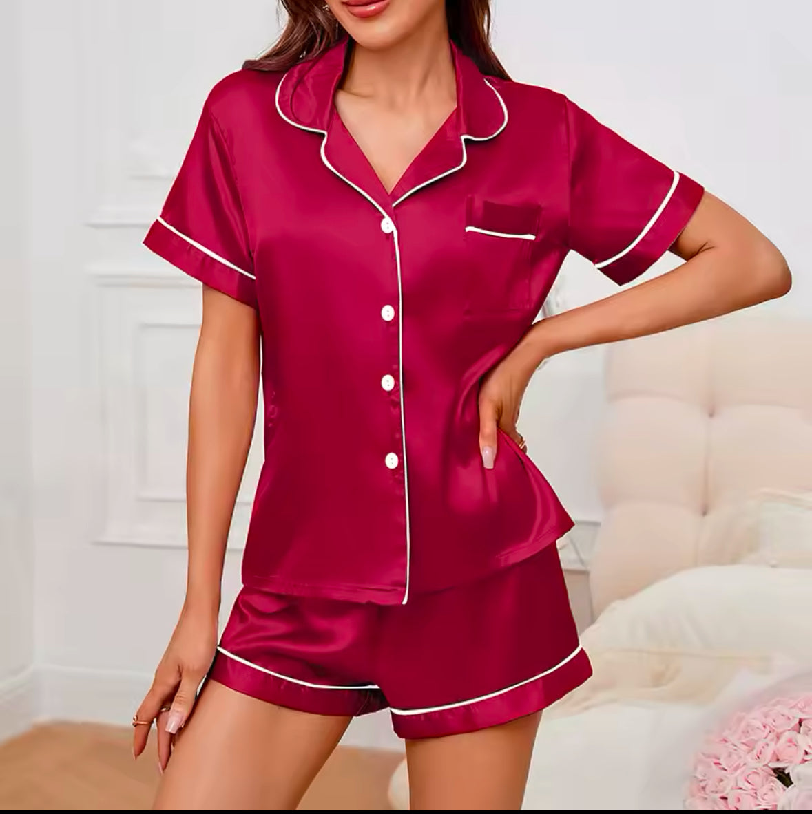 Luxury Satin Women’s Pajama Set – Short Sleeve Turn-down Collar Button Top & Shorts Sleepwear for Ultimate Summer Comfort - UltraChic