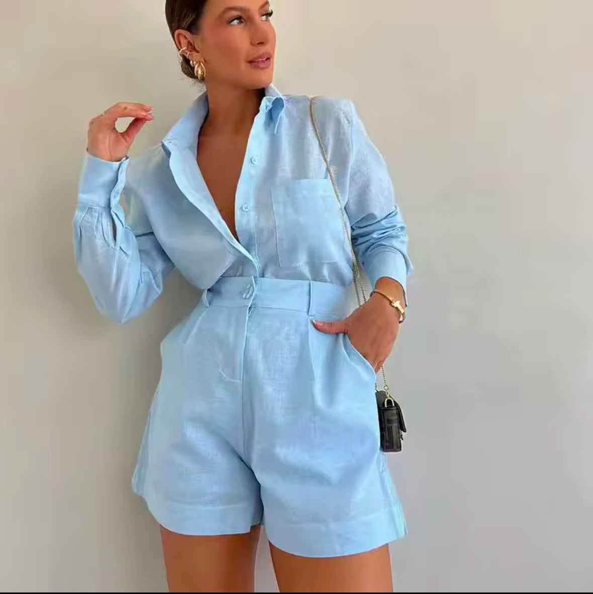Women’s Summer 2-Piece Set – Long Sleeve Blouse & Shorts | Lightweight Casual Outfit