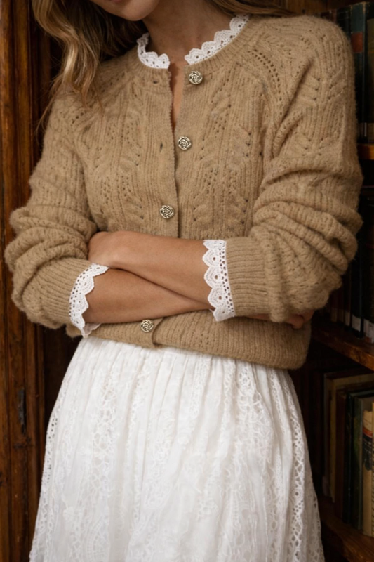 Women’s Khaki V-Neck Knit Cardigan – Elegant Autumn Winter Layering Piece