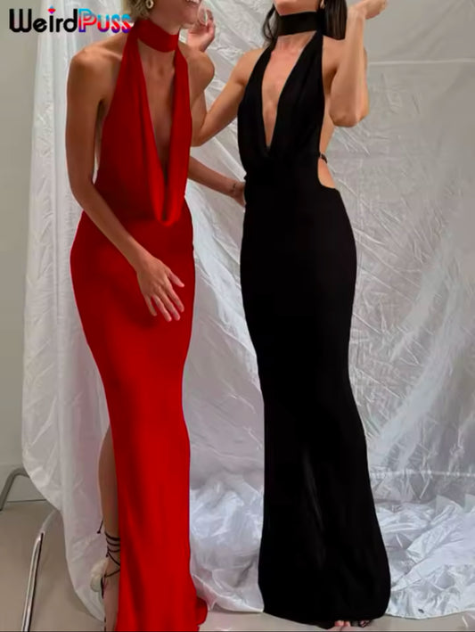 Weird Puss Hollow Halter Dress for Women – Sexy Backless Low-Neck Bodycon Dress with Slits for Midnight Banquets