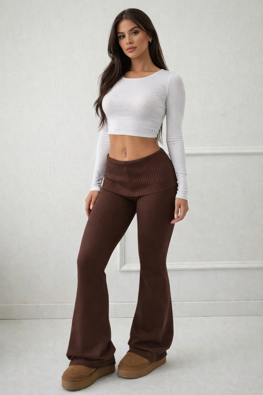 Women’s Knit Flare Pants – High Waist Minimalist Fall Casual Trousers